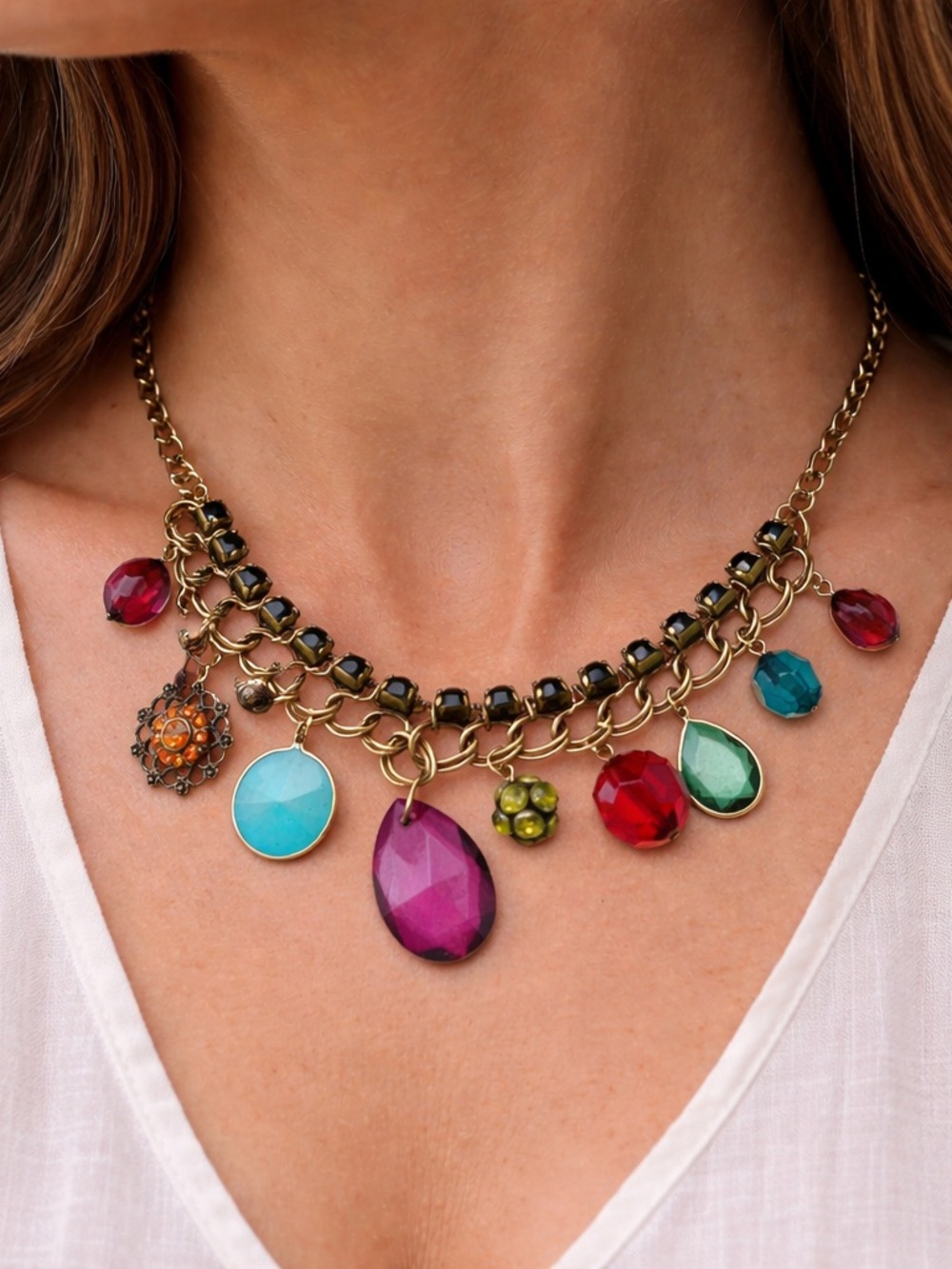 Carnival statement necklace colorful charms antiqued brass fashion jewelry women